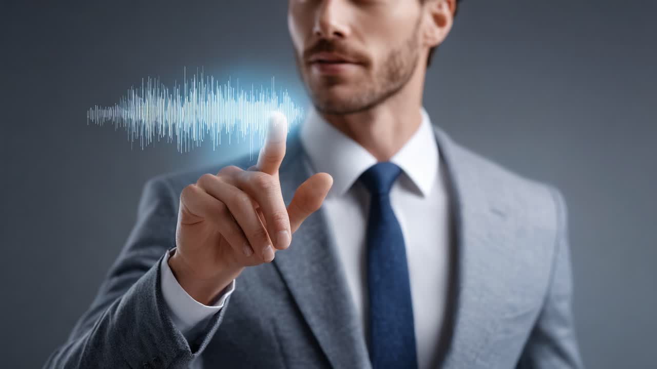A Businessman Interacting with a Digital Sound Wave Interface: Exploring Sound Visualization and Technology in a Modern Corporate Setting