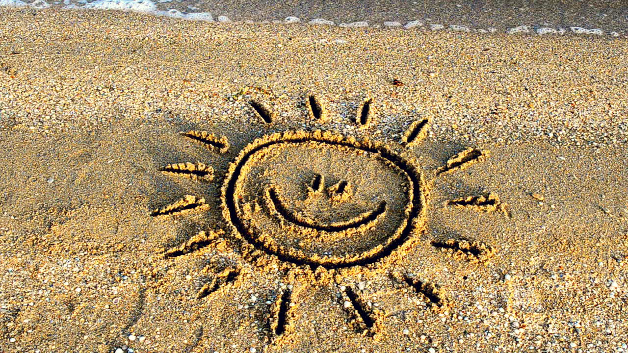 Tegning av solen på stranden. Strand og tegning.