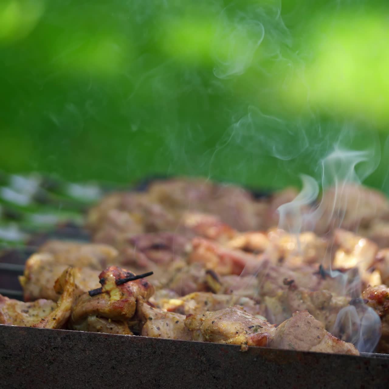 Grilling barbecue meat on wood coal. Process of cooking roasted meat on skewers in a charcoal grill. Man preparing barbecue with delicious grilled meat.
