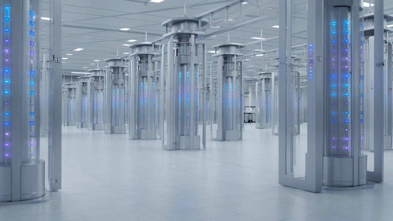Futuristic Data Center with Glowing Blue and Purple Server Racks
