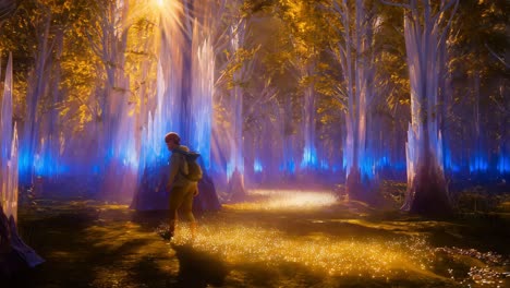 a person walks through a magical glowing forest