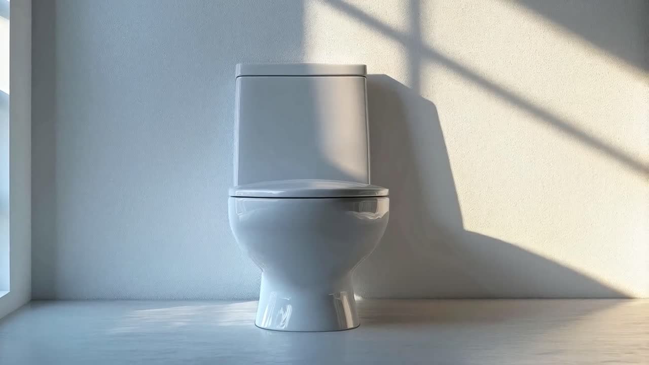 A white toilet in a modern bathroom with shadows