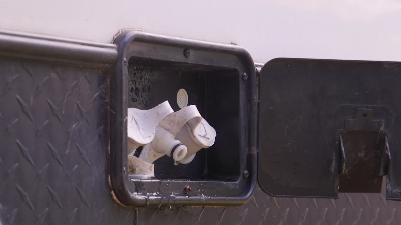 카라반 출구에 물 호스를 연결하는 것