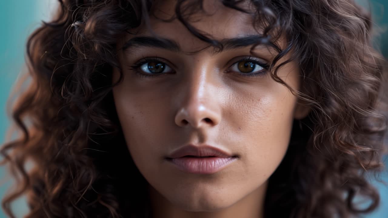 Close-up portrait of a woman with dark curly hair. Her eyes look directly into the camera. Soft lighting highlights her natural features. Serene expression conveys quiet confidence