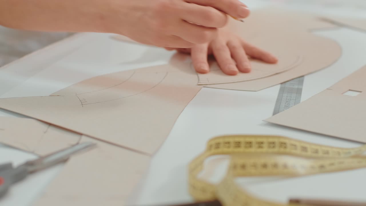 여성 패션 디자이너는 스튜디오에서 그녀의 디자인을 작업합니다. 패션 디자인은 새로운 컬렉션에 대한 스케치를 그립니다. 아름다운 패션 여성 디자이더는 스튜디오에서 그림을 그립니다.