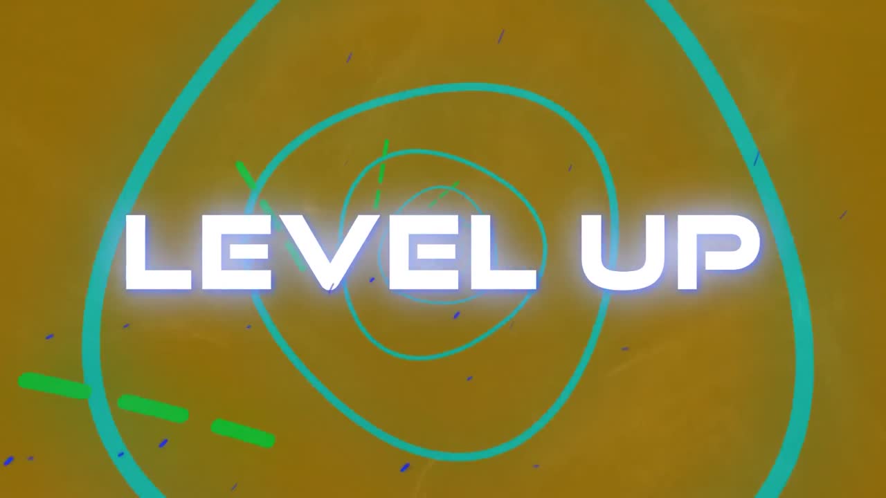Digital animation of level up text over glowing green tunnel against yellow background