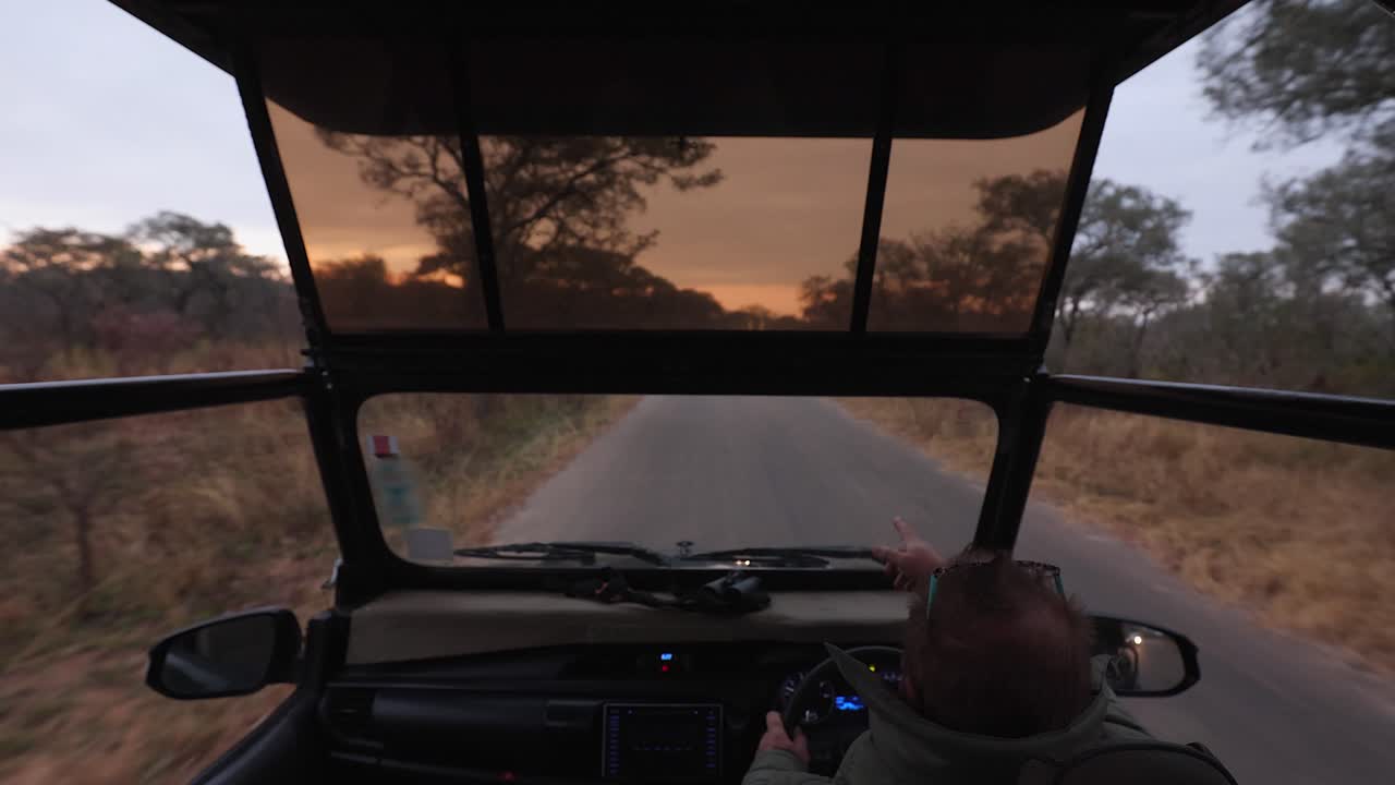 POV of safari guide driving safari vehicle on remote road at dawn