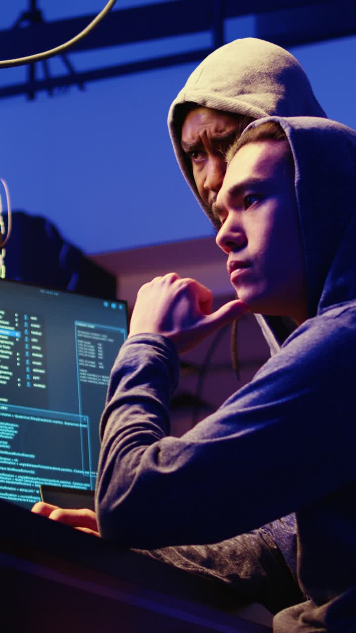Hackers specializzati in video verticali fanno brainstorming su metodi di cracking