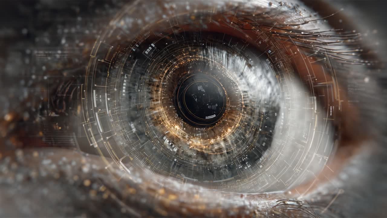 Uno sguardo complesso al futuro: un primo piano di un occhio digitale con visualizzazioni complesse e sovrapposizioni di dati che rappresentano tecnologia avanzata e connettività.