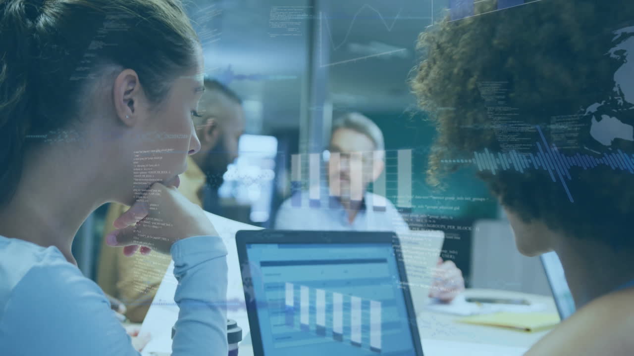Animation of financial data processing over diverse business people in office
