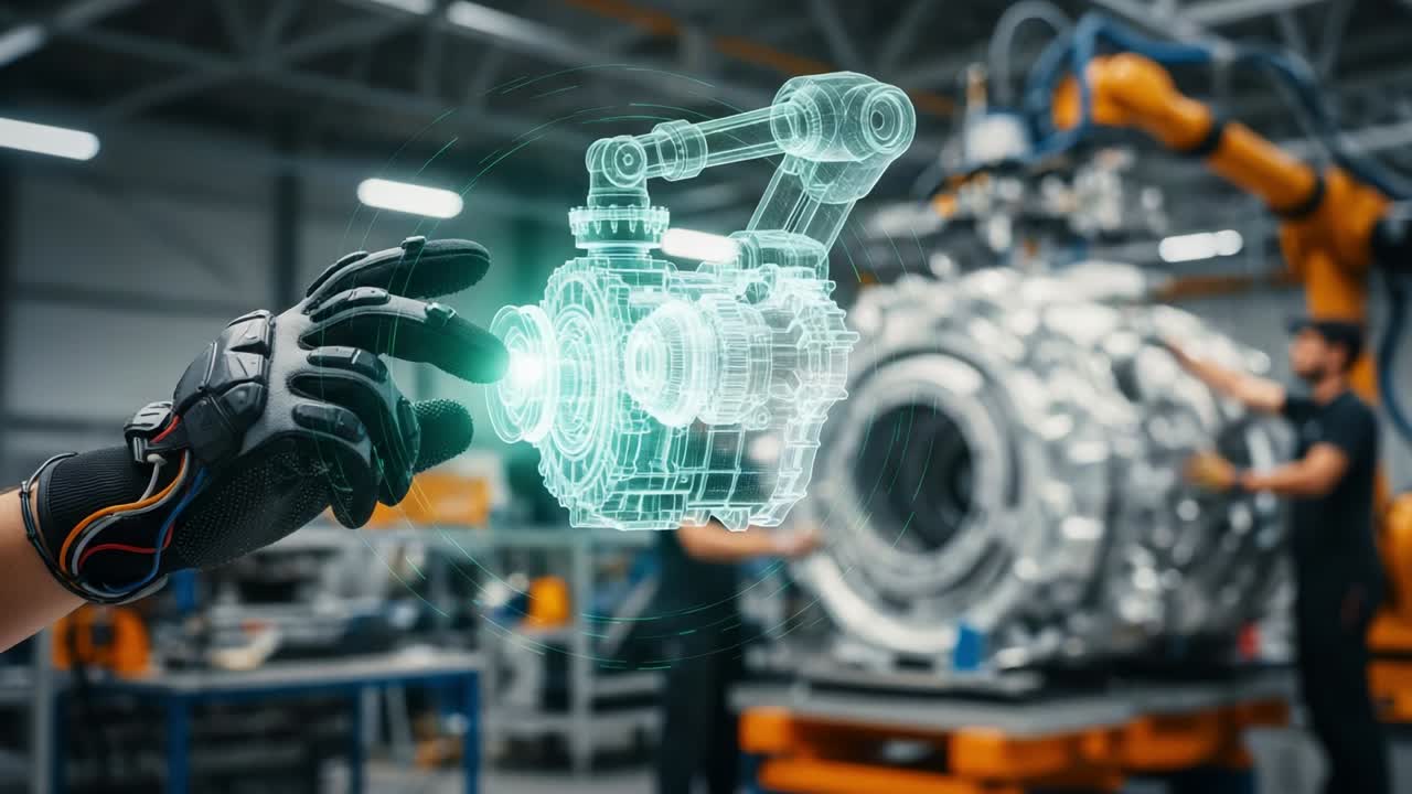 A Visual Interaction with Advanced Engine Technology: A Skilled Technician Utilizing Augmented Reality in a Modern Manufacturing Facility, Showcasing Innovative Engine Design and Development Processes