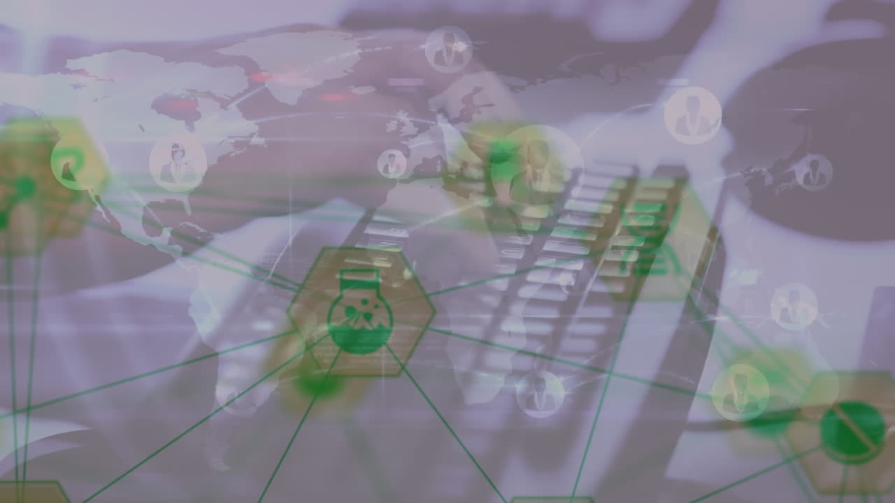 아이콘과 세계 지도를 가진 연결 네트워크의 애니메이션 손으로 키보드에 타이핑