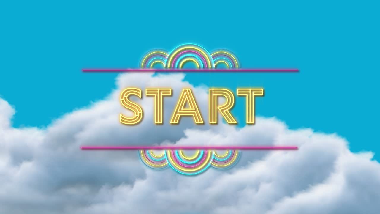 Animation of start text over sky with clouds