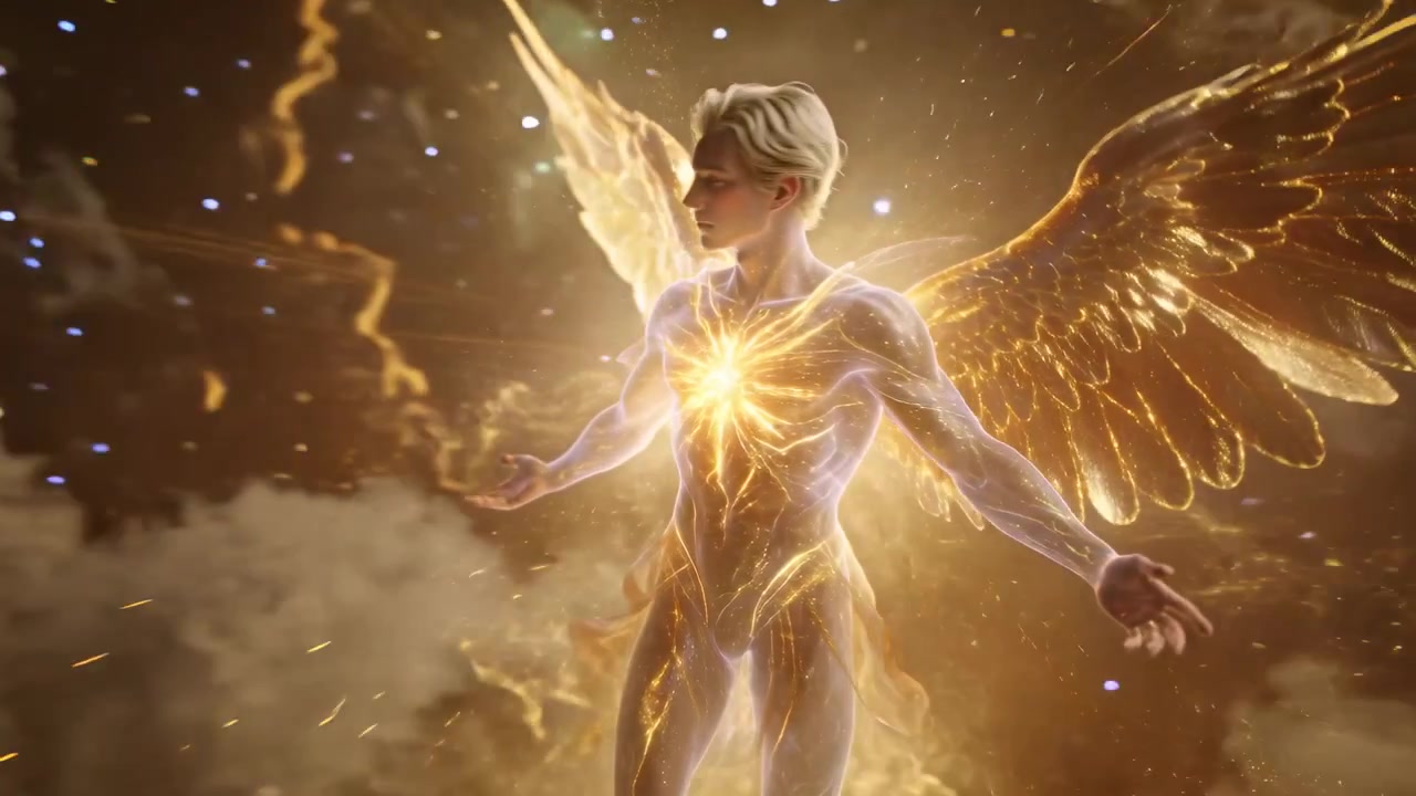 Hovering golden-winged humanoid in glowing armor in nebula charging chest core, ascending with sash