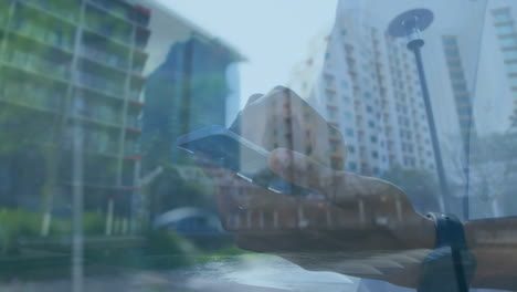 animación de un hombre usando un teléfono inteligente sobre el paisaje urbano