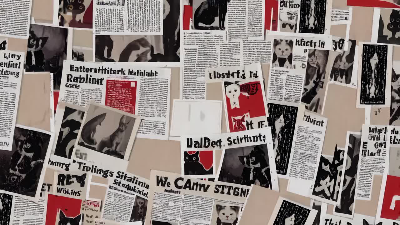 Collage-style video featuring vintage cat illustrations and newspaper clippings
