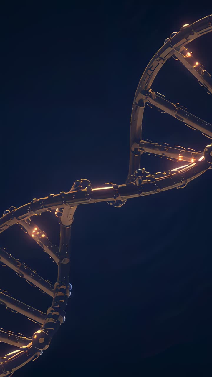 Vertical video: Starting spin metal double helix moving down in void pulsing nodes showing joints