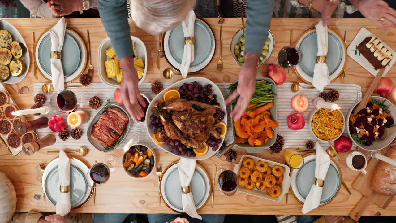 Overhead View of a Thanksgiving Dinner Table