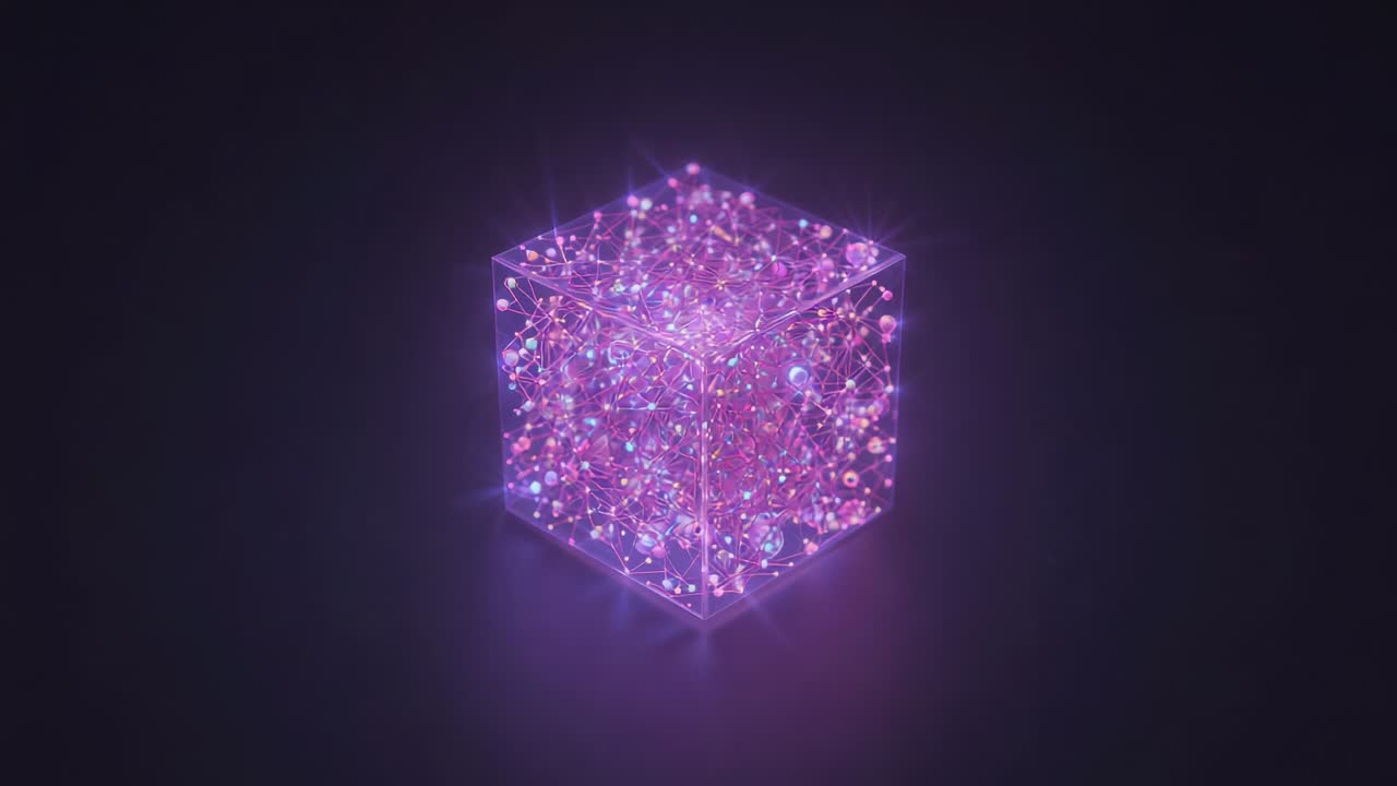 Emerging translucent cube rotating on reflective platform, pulsing pink purple nodes revealing core
