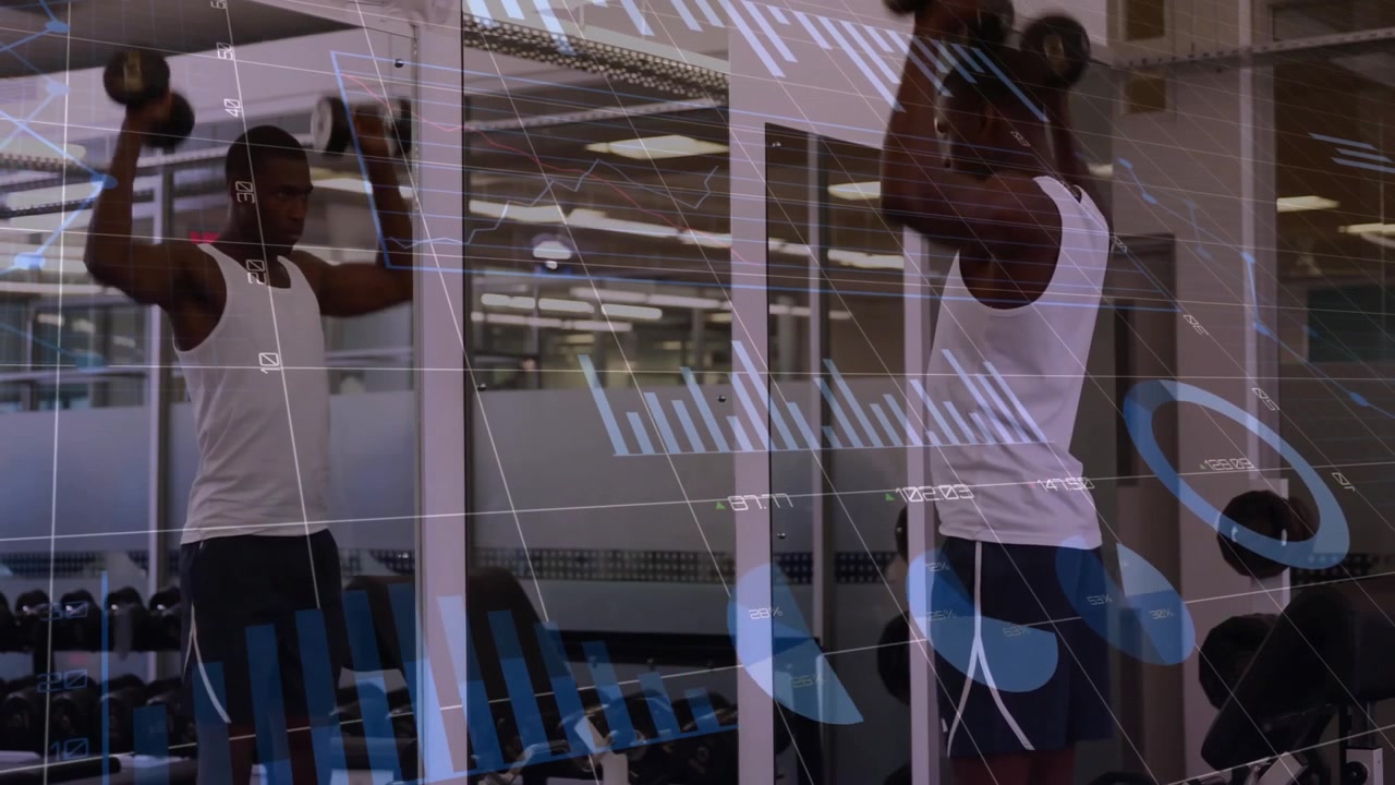 Man gripping weights at shoulder pressing upward in fitness gym with animated overlay tracking reps