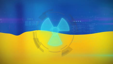 animation of data processing and nuclear symbol over flag of ukraine