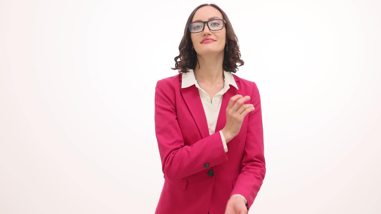 Professionel kvinde i pink blazer og briller poserer selvsikkert