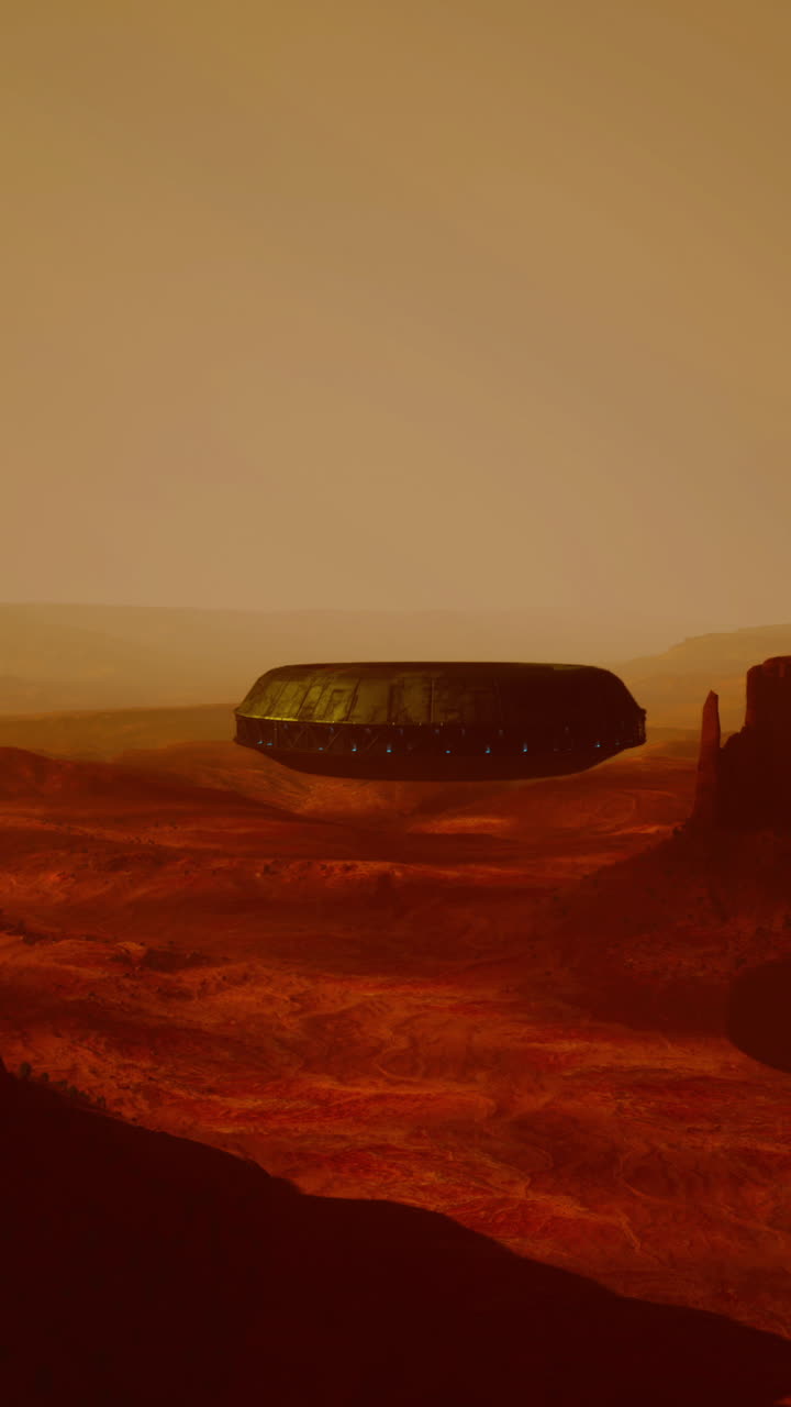 Un disco volante si libra sopra un paesaggio desertico rosso