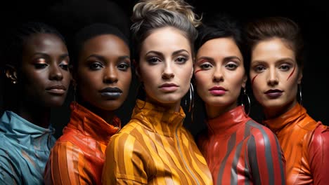 five women in colorful outfits pose together in dramatic lighting at night