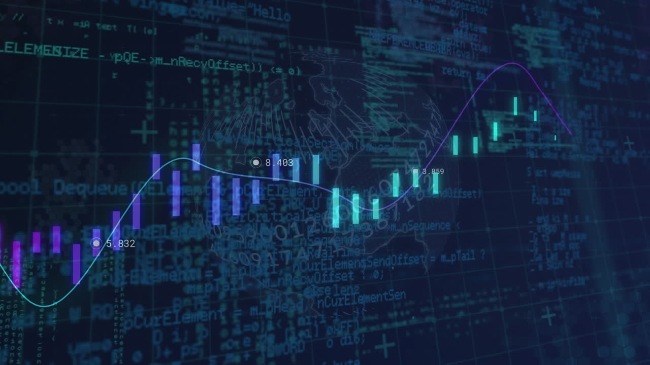 animación de estadísticas con procesamiento de datos financieros sobre fondo azul
