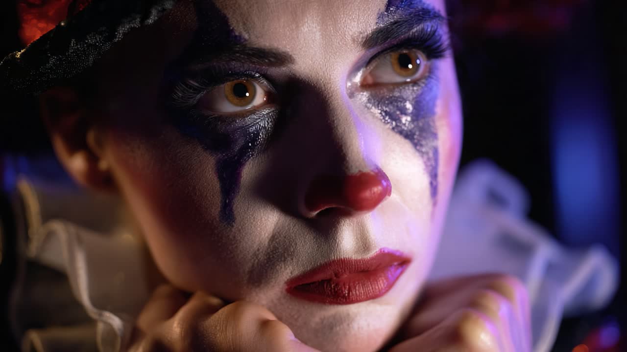 Un momento di riflessione di un clown: cattura l'emozione dietro il trucco e la maschera, mostrando la dualità di gioia e tristezza nella performance art