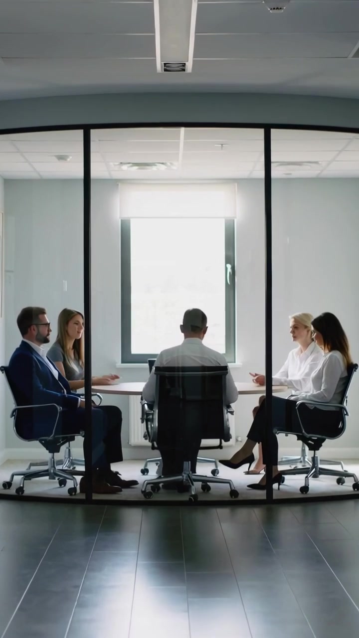 Video verticale: Personale che passa rivelando un team in riunione che ascolta il capo fare un briefing in una sala di vetro, in abiti formali.