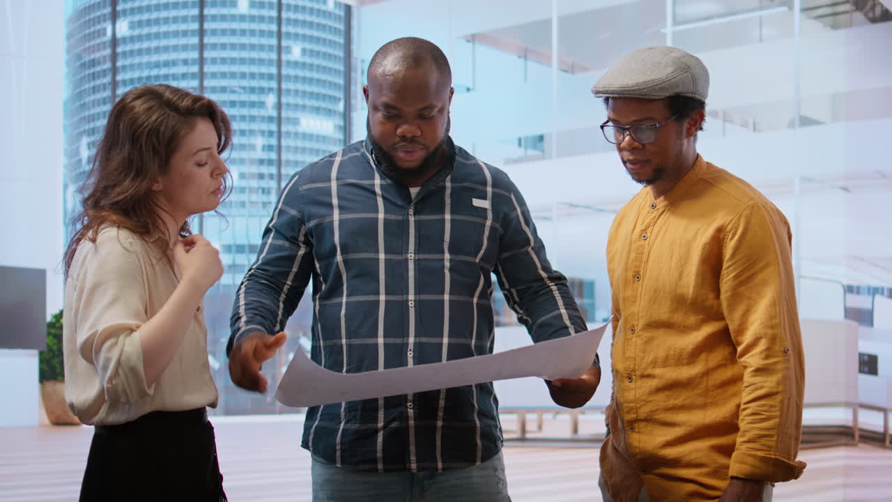 agente inmobiliario y clientes discutiendo planos para una nueva propiedad de oficina