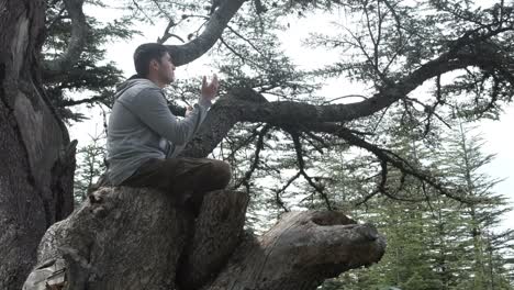 young man praying in green forest