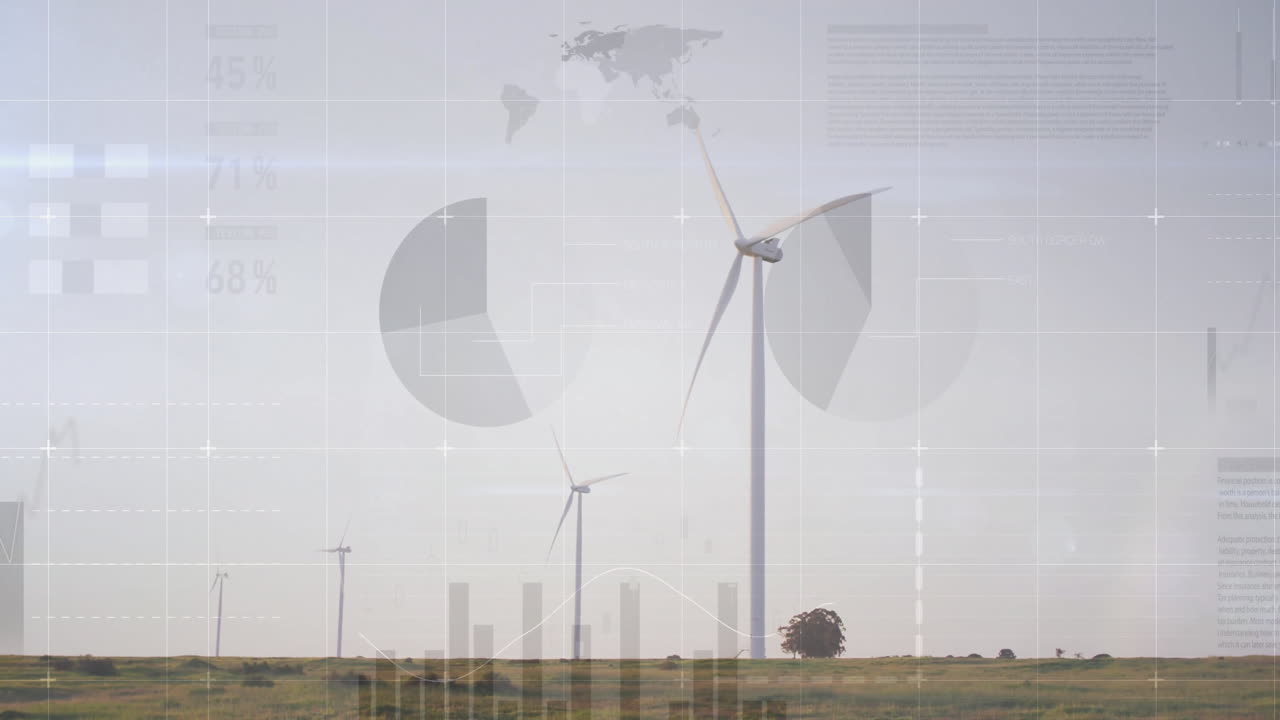 Wind turbines spinning on flat grassy plain, showing infographic grid lines, pie charts, bar graphs