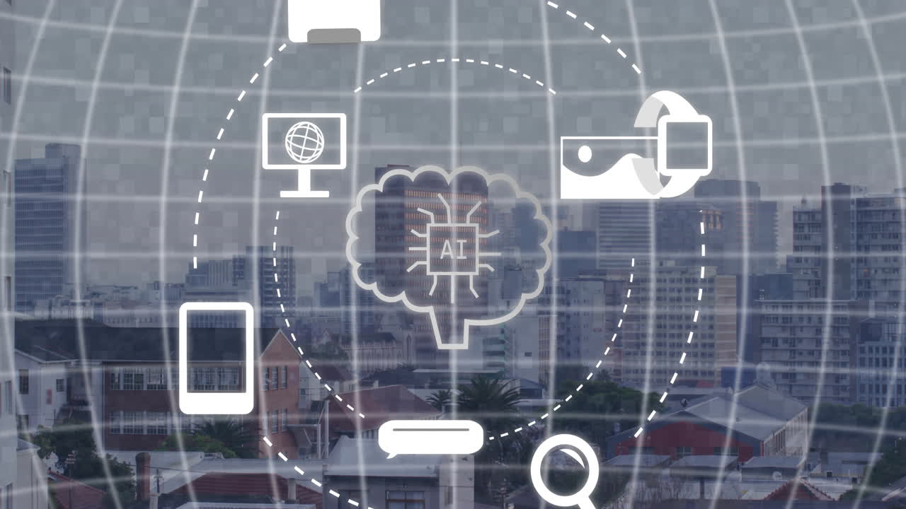 Animating artificial intelligence and technology icons over cityscape background