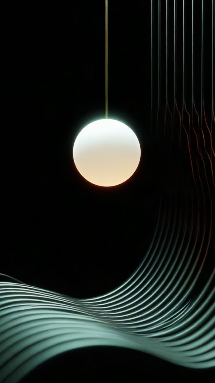A Sinister Dance of Light and Shadow: A Pendulum Pendant Illuminates a Flowing Wave of Color as It Swings Gracefully in a Dark Environment, Creating a Striking Contrast of Textures and Hues