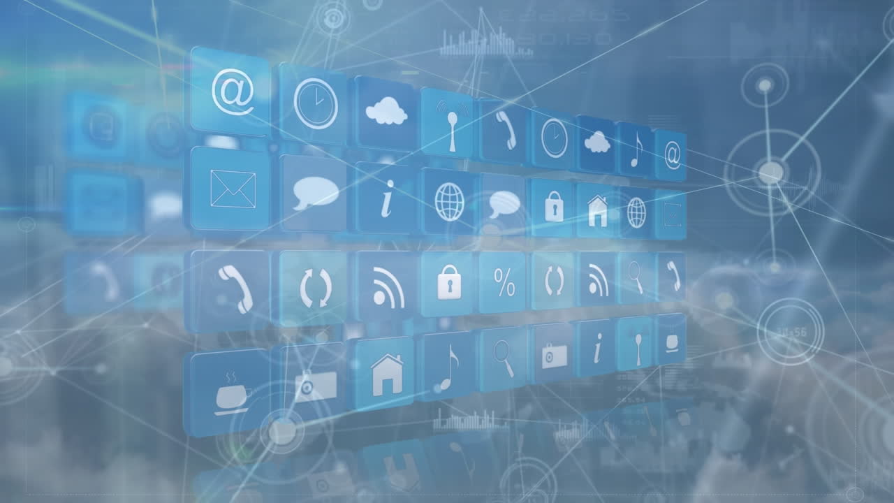 구름이 가득한 하늘 위의 연결과 다양한 아이콘의 애니메이션