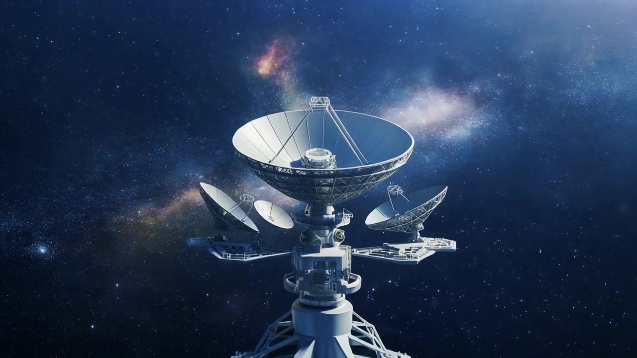 Array di antenne paraboliche in rotazione nello spazio profondo su sfondo di nebulosa
