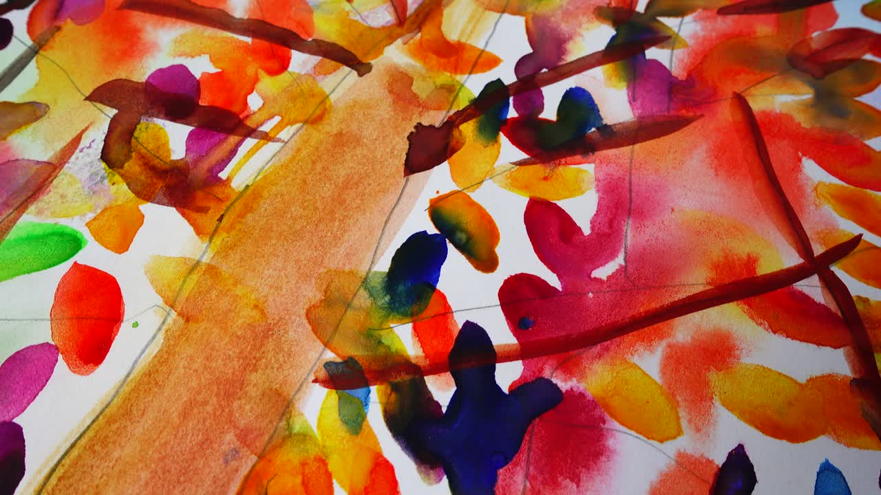 Albero autunnale, acquerello. Ripresa di un'immagine in movimento