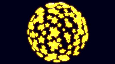 realistic 3d cartoon flying and rotated sphere of yellow stars on black background. abstract bright concept for games or broadcast decoration. loop 3d animation.