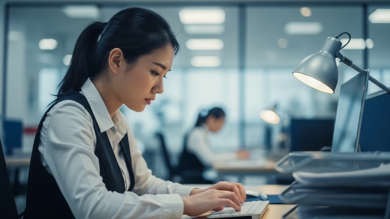 Focused Professional at Work: A Glimpse into a Modern Office Setting Showcasing a Dedicated Individual Engaged in Tasks on a Computer, Highlighting Concentration and Productivity