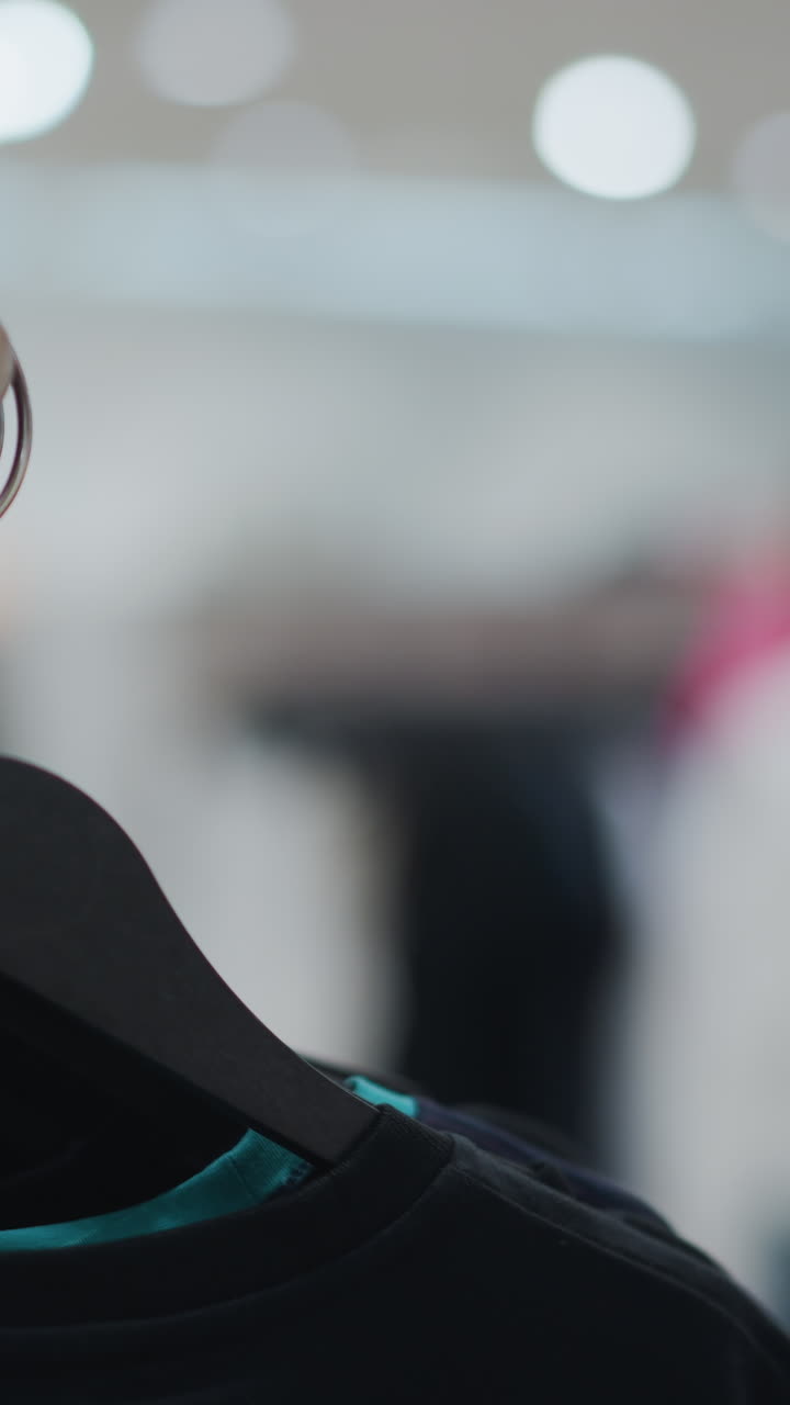 primer plano de colgadores negros que sostienen prendas de vestir en una tienda minorista, con un fondo borroso que muestra a un comprador en blanco navegando por pantallas coloridas