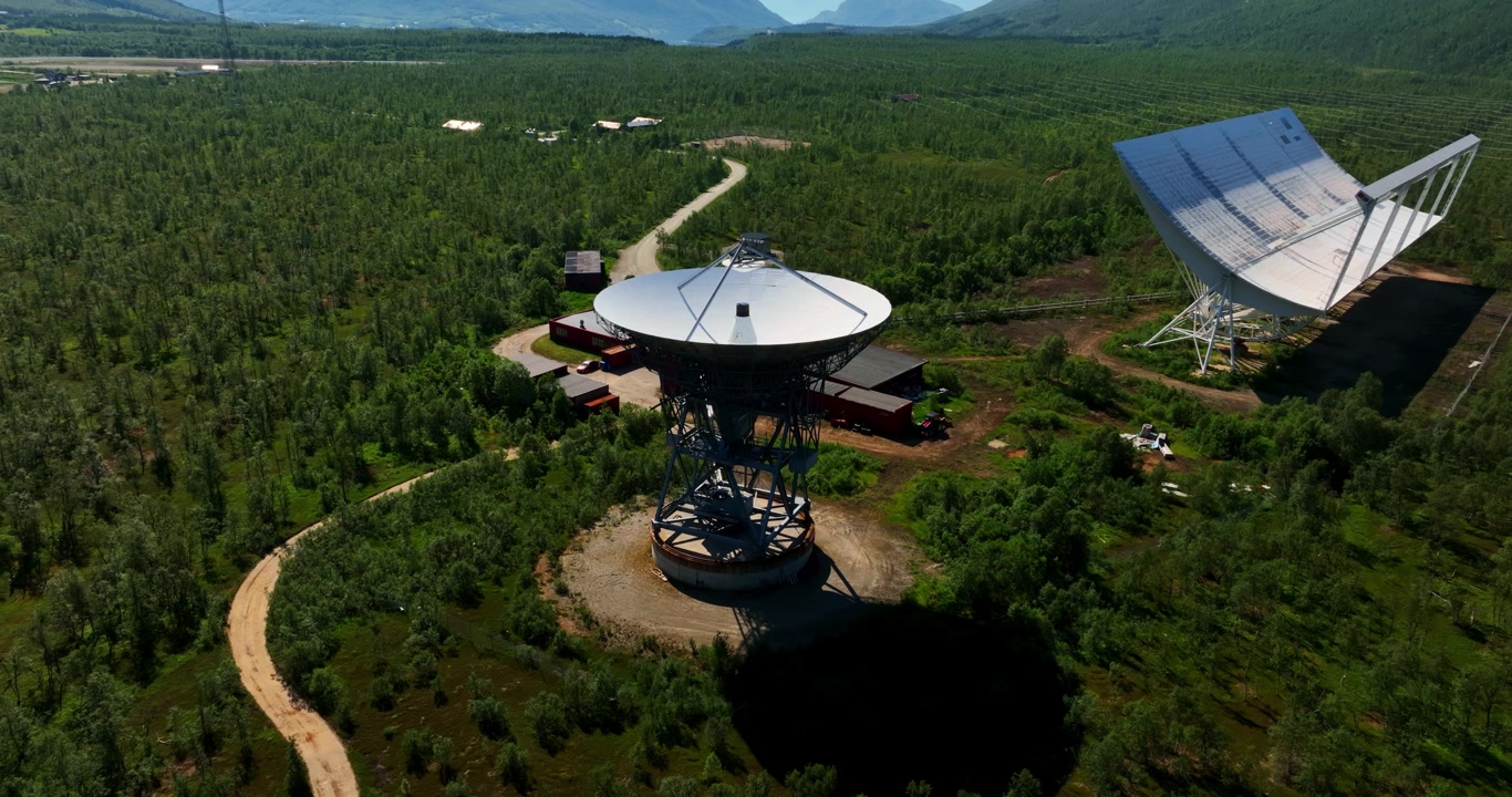 Aerial view in front of the parabolic antenna dish at the EISCAT station, in Norway