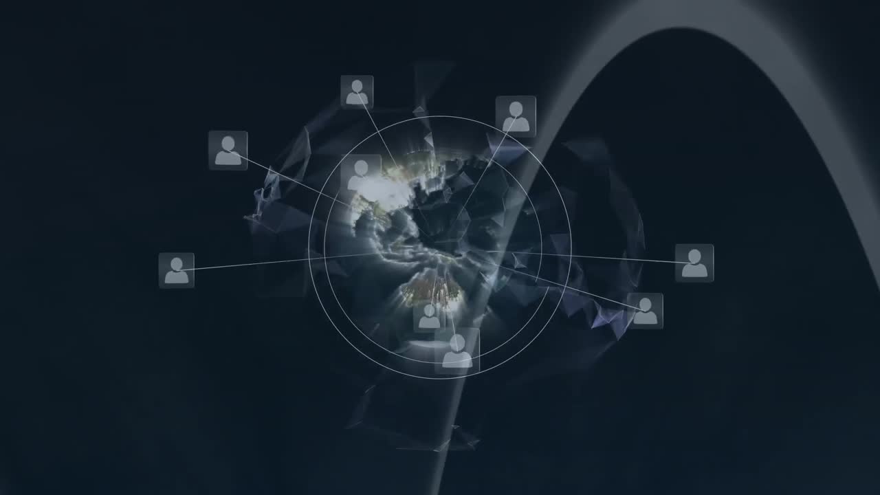 검은 바탕 위에 아이콘과 글로브로 연결된 네트워크의 애니메이션