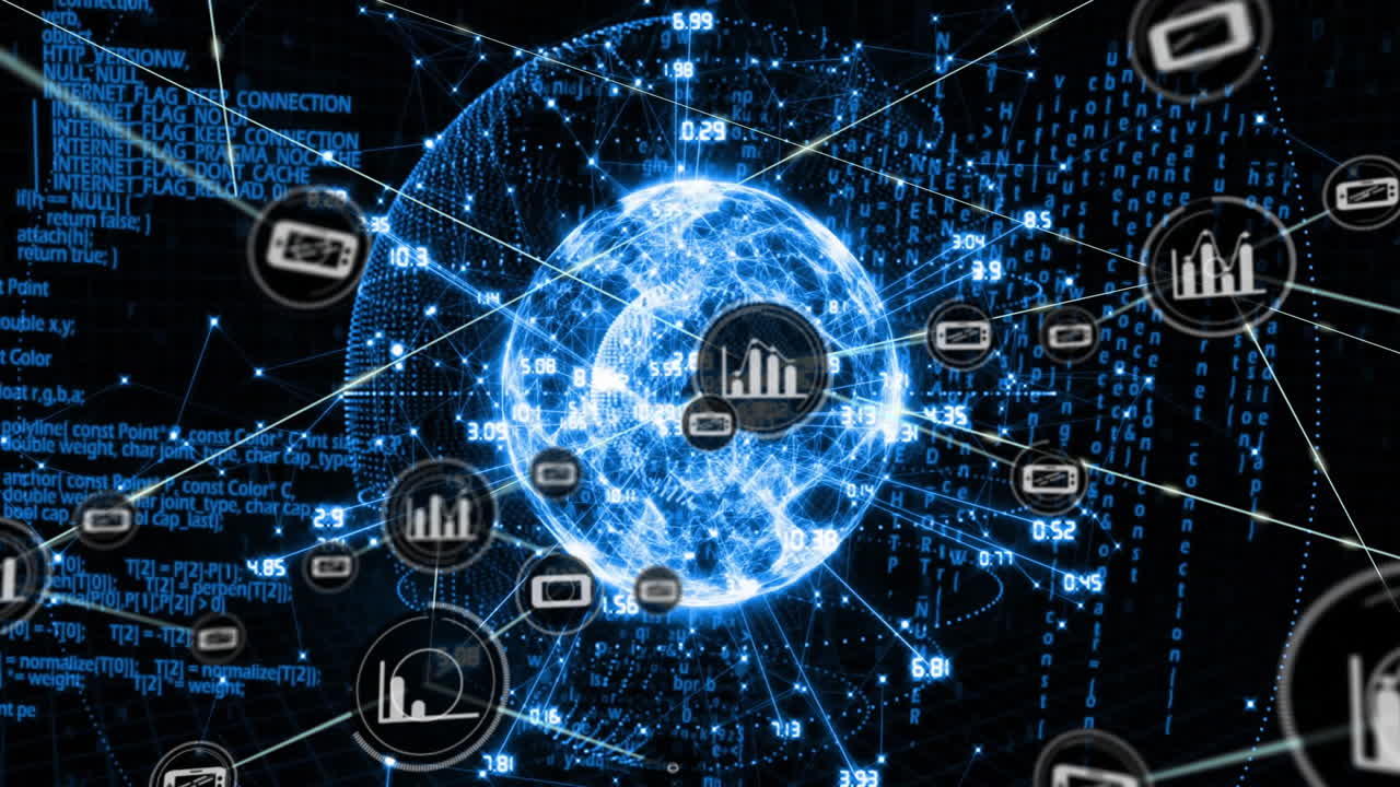 Global network connections and data processing animation over digital background