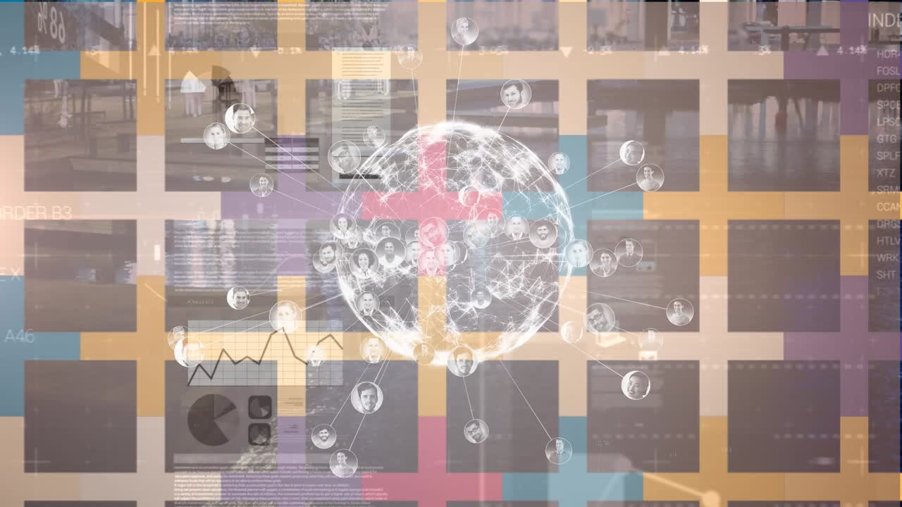 Animation of financial data and graphs over globe with connections