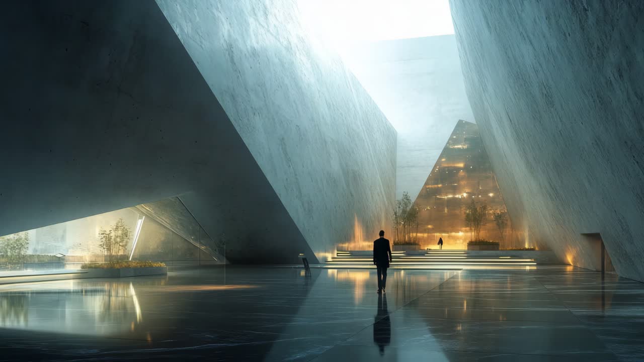 Modern Concrete Architectural Interior with Man