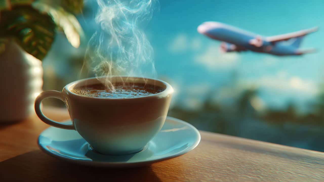 Uma cena matinal serena com uma xícara de café fumegante colocada sobre uma mesa de madeira com um avião voando em segundo plano, capturando a essência da tranquilidade e do clima de viagem