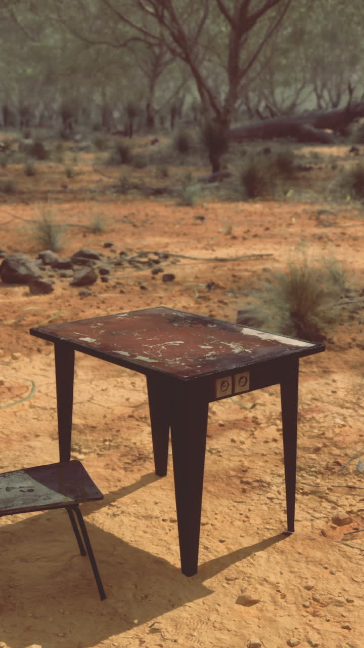 Lonely school table and chair abandoned in the arid wilderness during midday