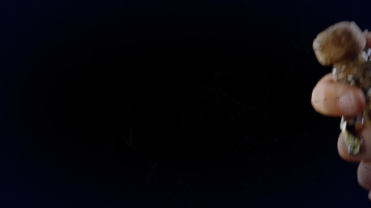 анимация красочных форм над человеком, открывающим шампанское на черном фоне